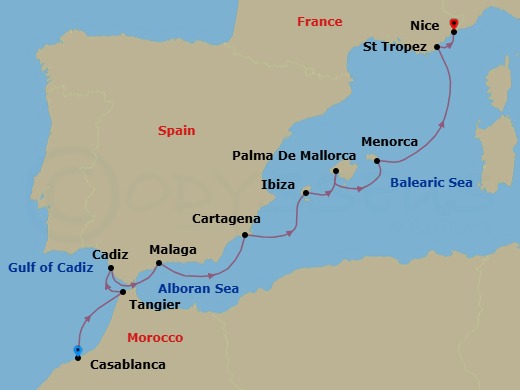 13 Night - Western Mediterranean from Casablanca to Nice - Sea Cloud Spirit - Starting in Casablanca, Tangier, Cadiz, Malaga, Cartagena ES, Ibiza City / Ibiza, Palma De Mallorca, Mahon / Menorca, St Tropez, Nice itinerary map