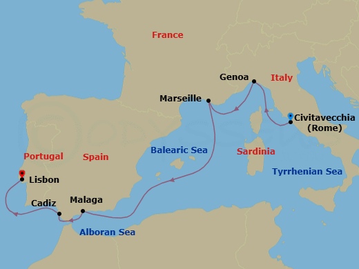 6 Night - Mediterranean - MSC Sinfonia - Starting in Civitavecchia (Rome), Italy, Genoa (Portofino), Italy, Marseille (Provence), France, Malaga (Granada), Spain, Cadiz (Seville), Spain, Lisbon (Cascais), Portugal itinerary map