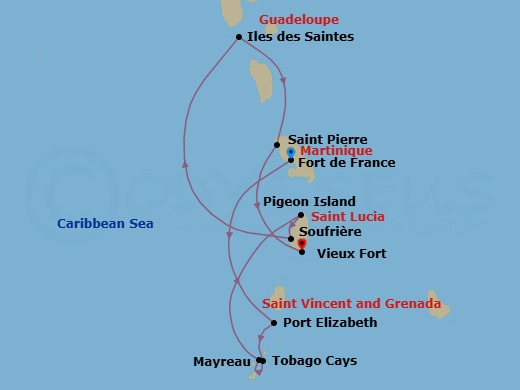 7 Night - Pearls of the Caribbean - Le Champlain - Starting in Fort-de-France, Port Elizabeth VC, Bequia Island, Tobago Cays, Mayreau Island, Pigeon Island Beach, Soufriere, Les Saintes, Saint Pierre, Vieux Fort itinerary map