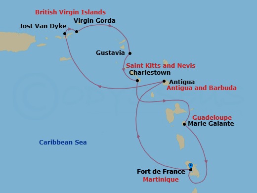 7 Night - Wonders of the Caribbean - Le Champlain - Starting in Fort-de-France, Antigua, Jost Van Dyke, Virgin Gorda, Gustavia, Charlestown, Nevis, Marie-Galante, Fort-de-France itinerary map