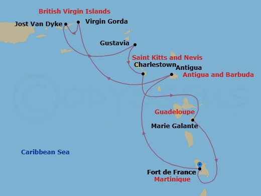 7 Night - Wonders of the Caribbean - Le Champlain - Starting in Fort-de-France, Antigua, Virgin Gorda, Jost Van Dyke, Gustavia, Charlestown, Nevis, Marie-Galante, Fort-de-France itinerary map