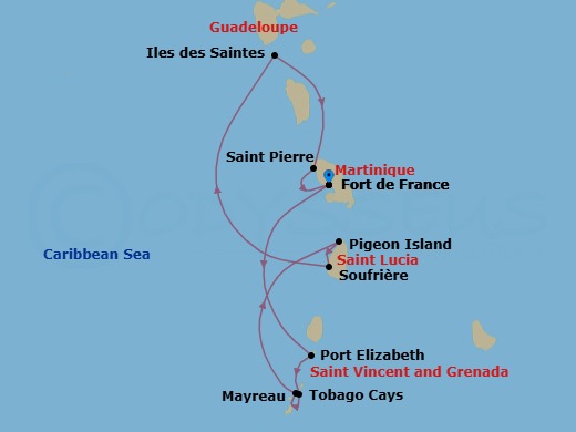 7 Night - Pearls of the Caribbean - Le Champlain - Starting in Fort-de-France, Port Elizabeth VC, Bequia Island, Tobago Cays, Mayreau Island, Pigeon Island Beach, Soufriere, Les Saintes, Saint Pierre, Fort-de-France itinerary map