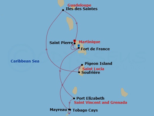 7 Night - Pearls of the Caribbean - Le Champlain - Starting in Fort-de-France, Port Elizabeth VC, Bequia Island, Tobago Cays, Mayreau Island, Pigeon Island Beach, Soufriere, Les Saintes, Saint Pierre, Fort-de-France, Saint Pierre itinerary map
