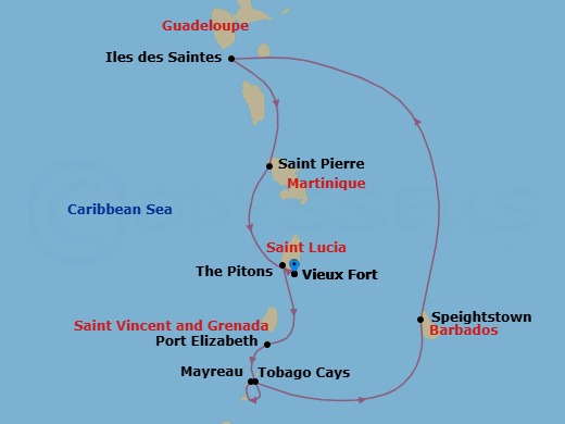 7 Night - Jewels of the Antilles - Le Champlain - Starting in Vieux Fort, Sailing along the Pitons, Port Elizabeth VC, Bequia Island, Tobago Cays, Mayreau Island, Speightstown, Les Saintes, Saint Pierre, Vieux Fort itinerary map
