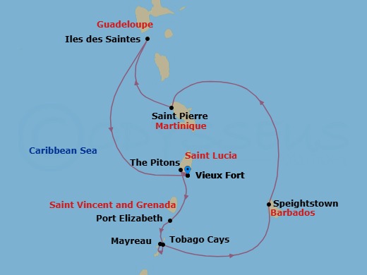 7 Night - Jewels of the Antilles - Le Champlain - Starting in Vieux Fort, Sailing along the Pitons, Port Elizabeth VC, Bequia Island, Tobago Cays, Mayreau Island, Speightstown, Saint Pierre, Les Saintes, Vieux Fort itinerary map