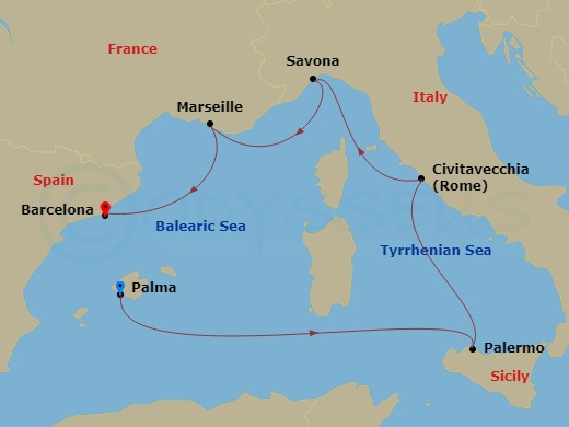 6 Night - Southern Europe from Palma De Mallorca to Barcelona - Costa Toscana - Starting in Palma De Mallorca, Palermo, Civitavecchia (Rome), Savona, Marseille, Barcelona itinerary map