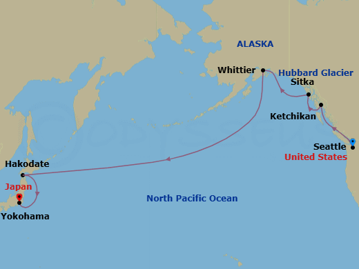 15 Night - Transpacific - Norwegian Jade - Starting in Seattle, Wa, Ketchikan (Ward Cove), Ak, Sitka, Ak, Cruise Hubbard Glacier, Ak, Whittier, Ak, Cross International Dateline, at Sea, Hakodate, Japan, Tokyo (Yokohama), Japan itinerary map