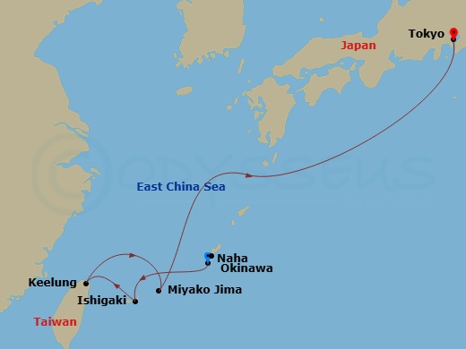 6 Night - Far East - MSC Bellissima - Starting in Naha (Okinawa), Japan, Ishigaki, Japan, Keelung (Taipei) Taiwan, China, Miyako Island, Japan, Tokyo, Japan itinerary map