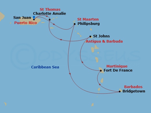 7 Night - Southern Caribbean Cruise New Year's - Scarlet Lady - Starting in San Juan, Puerto Rico, Philipsburg, Sint Maarten, Bridgetown, Barbados, Fort-De-France, Martinique, St Johns AG, Antigua and Barbuda, St Thomas, US Virgin Islands, San Juan, Puerto Rico itinerary map