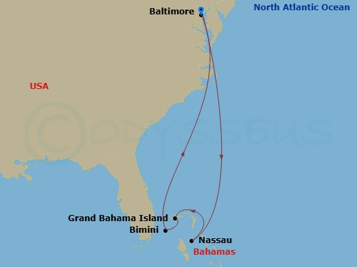 8 Night - Bahamas Cruise - Vision of the Seas - Starting in Baltimore, Maryland, Nassau, Bahamas, Grand Bahama Island, Bahamas, Bimini, Bahamas, Baltimore, Maryland itinerary map