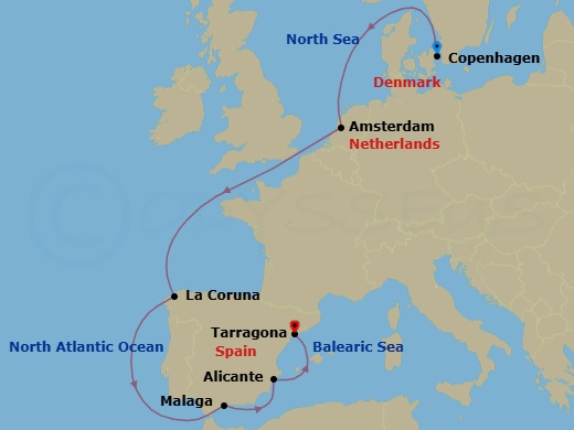 9 Night - Northern Europe - MSC Euribia - Starting in Copenhagen, Denmark, Amsterdam, Holland, La Coruna (Santiago De Compostela), Spain, Malaga (Granada), Spain, Alicante, Spain, Tarragona, Spain itinerary map