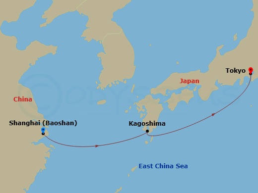 4 Night - Far East - MSC Bellissima - Starting in Shanghai, China, Kagoshima, Japan, Tokyo, Japan itinerary map