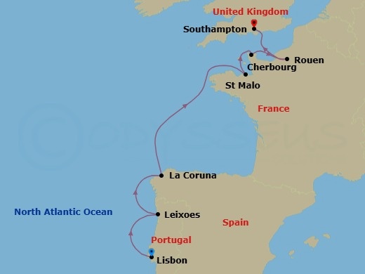 8 Night - Iberian Coast & Northern France - Seabourn Quest - Starting in Lisbon, Portugal, Leixoes (Porto), Portugal, A Coruna, Spain, St Malo (Le Mont Saint Michel), France, Cherbourg (Normandy), France, Rouen (Paris), France, Scenic Cruising Seine River, Southampton (London), England itinerary map