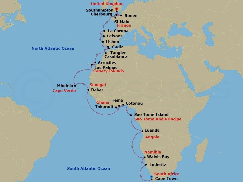 38 Night - Africa's West Coast, Spain & France - Seabourn Quest - Starting in Cape Town, South Africa, Luderitz, Namibia, Walvis Bay, Namibia, Luanda, Angola, Sao Tome, Sao Tome and Principe, Cotonou, Benin, Tema (Accra), Ghana, Takoradi, Ghana, Dakar, Senegal, Mindelo, Cape Verde, Las Palmas, Gran Canaria, Canary Islands, Spain, Arrecife, Lanzarote, Canary Islands, Spain, Casablanca, Morocco, Tangier, Morocco, Cadiz (Seville), Spain, Lisbon, Portugal, Leixoes (Porto), Portugal, A Coruna, Spain, St Malo (Le Mont Saint Michel), France, Cherbourg (Normandy), France, Rouen (Paris), France, Scenic Cruising Seine River, Southampton (London), England itinerary map