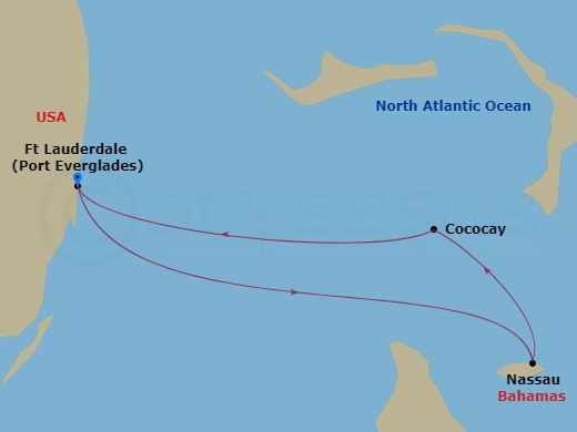 4 Night - Perfect Day Cococay & Bahamas - Oasis of the Seas - Starting in Fort Lauderdale, Florida, Nassau, Bahamas, Perfect Day Cococay, Bahamas, Fort Lauderdale, Florida itinerary map