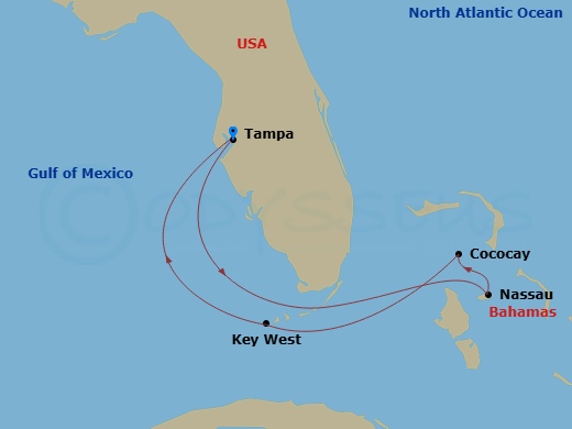 6 Night - Perfect Day Cococay & Bahamas - Enchantment of the Seas - Starting in Tampa, Florida, Nassau, Bahamas, Perfect Day Cococay, Bahamas, Key West, Florida, Tampa, Florida itinerary map
