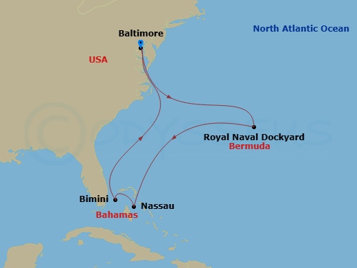 9 Night - Bermuda & Bahamas Cruise - Vision of the Seas - Starting in Baltimore, Maryland, Royal Naval Dockyard, Bermuda, Nassau, Bahamas, Bimini, Bahamas, Baltimore, Maryland itinerary map