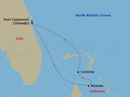 4 Night - Perfect Day Cococay & Bahamas - Utopia of the Seas - Starting in Orlando (Port Canaveral), Fl, Nassau, Bahamas, Perfect Day Cococay, Bahamas, Orlando (Port Canaveral), Fl itinerary map
