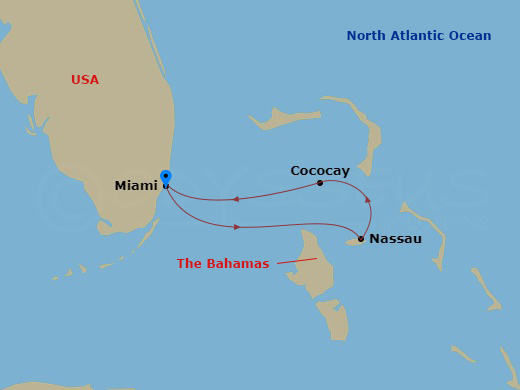 4 Night - Bahamas & Perfect Day Holiday - Wonder of the Seas - Starting in Miami, Florida, Nassau, Bahamas, Perfect Day Cococay, Bahamas, Miami, Florida itinerary map