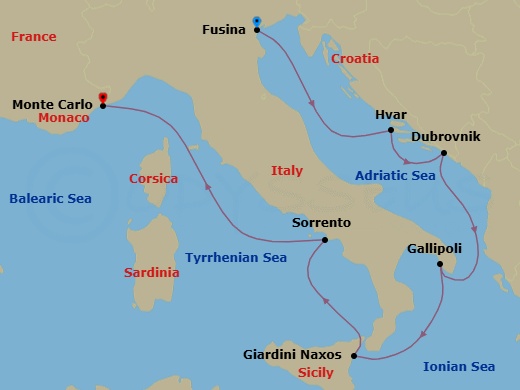 7 Night - Fusina to Monte Carlo - Silver Ray - Starting in Fusina (Venice), Hvar, Dubrovnik, Croatia, Gallipoli, Giardini Naxos (Sicily), Sorrento, Monte Carlo itinerary map