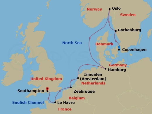 12 Night - Pre Cruisetour Classic and Modern Copehagen - Norwegian Jewel Tours - Starting in At Hotel, Copenhagen, Denmark, Gothenburg, Sweden, Oslo, Norway, Hamburg, Germany, Amsterdam / Ijmuiden, Netherlands, Zeebrugge / Brussels / Brugge, Belgium, Le Havre / Paris, France, London (Southampton), United Kingdom itinerary map