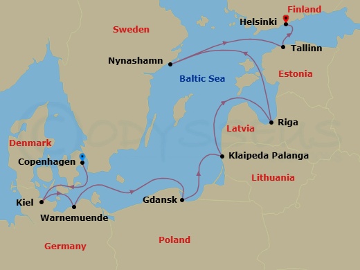 12 Night - Pre Cruisetour Classic and Modern Copehagen - Norwegian Jewel Tours - Starting in At Hotel, Copenhagen, Denmark, Hamburg (Kiel), Germany, Warnemunde / Berlin, Germany, Gdynia / Gdansk, Poland, Klaipeda, Lithuania, Riga, Latvia, Nynashamn / Stockholm, Sweden, Tallinn, Estonia, Helsinki, Finland itinerary map