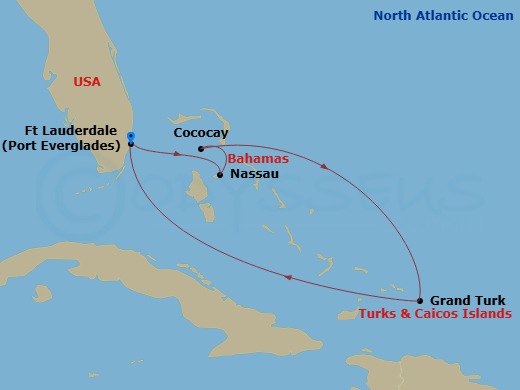 7 Night - Caribbean & Perfect Day Holiday - Brilliance of the Seas - Starting in Fort Lauderdale, Florida, Nassau, Bahamas, Perfect Day Cococay, Bahamas, Grand Turk, Turks and Caicos, Fort Lauderdale, Florida itinerary map