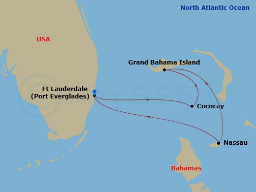 4 Night - Bahamas & Perfect Day Cruise - Brilliance of the Seas - Starting in Fort Lauderdale, Florida, Perfect Day Cococay, Bahamas, Grand Bahama Island, Bahamas, Nassau, Bahamas, Fort Lauderdale, Florida itinerary map