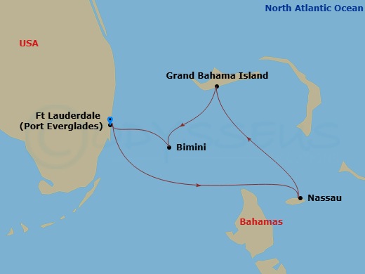 4 Night - Bahamas Getaway Cruise - Brilliance of the Seas - Starting in Fort Lauderdale, Florida, Nassau, Bahamas, Grand Bahama Island, Bahamas, Bimini, Bahamas, Fort Lauderdale, Florida itinerary map