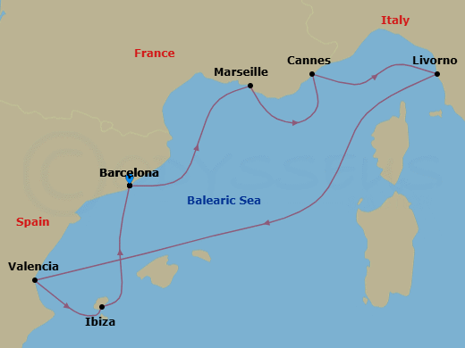 7 Night - French Riviera, Italy & Spain - Resilient Lady - Starting in Barcelona, Spain, Provence (Marseille), France, Cannes, France, Florence / Pisa (Livorno), Italy, Valencia, Spain, Ibiza, Spain, Barcelona, Spain itinerary map