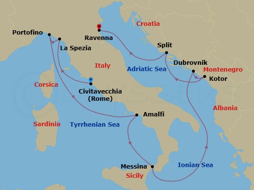 10 Night - Best of Italy & Croatia Cruise - Celebrity Constellation - Starting in Rome (Civitavecchia), Italy, Florence / Pisa (La Spezia), Italy, Portofino, Italy, Amalfi Coast (Salerno), Italy, Sicily (Messina), Italy, Dubrovnik, Croatia, Kotor, Montenegro, Split, Croatia, Ravenna, Italy itinerary map