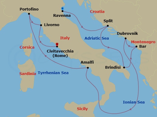 11 Night - Best of Italy & Croatia Cruise - Celebrity Constellation - Starting in Ravenna, Italy, Split, Croatia, Brindisi, Italy, Montenegro, Dubrovnik, Croatia, Amalfi Coast (Salerno), Italy, Portofino, Italy, Florence / Pisa (Livorno), Italy, Rome (Civitavecchia), Italy itinerary map