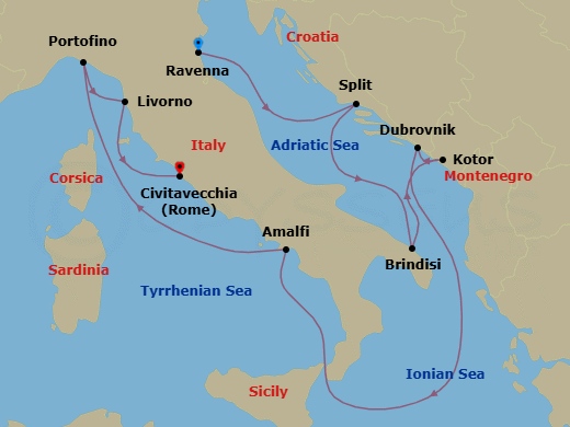 11 Night - Best of Italy & Croatia Cruise - Celebrity Constellation - Starting in Ravenna, Italy, Split, Croatia, Brindisi, Italy, Kotor, Montenegro, Dubrovnik, Croatia, Amalfi Coast (Salerno), Italy, Portofino, Italy, Florence / Pisa (Livorno), Italy, Rome (Civitavecchia), Italy itinerary map