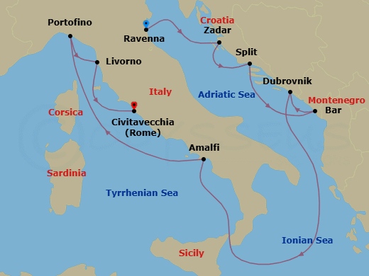 11 Night - Best of Italy & Croatia Cruise - Celebrity Constellation - Starting in Ravenna, Italy, Zadar, Croatia, Split, Croatia, Montenegro, Dubrovnik, Croatia, Amalfi Coast (Salerno), Italy, Portofino, Italy, Florence / Pisa (Livorno), Italy, Rome (Civitavecchia), Italy itinerary map