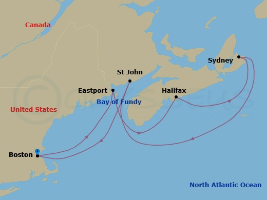 7 Night - Canada & New England - Boston - Norwegian Breakaway - Starting in Boston, Ma, Eastport, ME, Halifax, Canada, Sydney NS, Cape Breton Island, Canada, Saint John NB (Bay of Fundy), Boston, Ma itinerary map