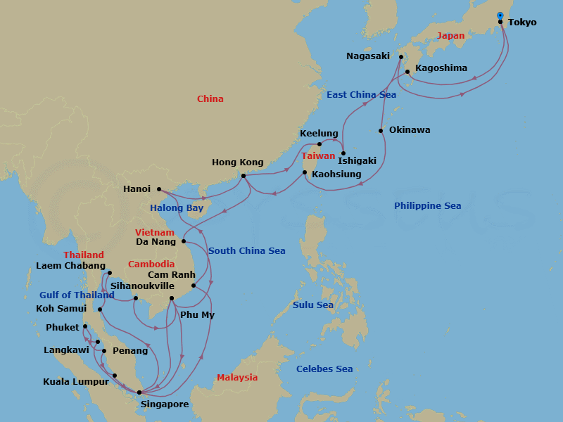 42 Night - Japan & Southeast Asia Grand Adventure - Sapphire Princess - Starting in Tokyo, Japan, Kagoshima, Japan, Okinawa, Japan, Kaohsiung, Taiwan, Hong Kong, Da Nang / Hue (Chan May), Vietnam, Ho Chi Minh City (Phu My), Vietnam, Singapore, Ko Samui, Thailand, Laem Chabang (for Bangkok), Thailand, Sihanoukville, Cambodia, Ho Chi Minh City (Phu My), Vietnam, Langkawi, Malaysia, Phuket, Thailand, Penang, Malaysia, Kuala Lumpur (Port Kelang), Malaysia, Singapore, Cam Ranh (Nha Trang), Vietnam, Halong Bay / Hanoi (Cai Lan), Vietnam, Scenic Cruising Halong Bay, Hong Kong, Taipei (Keelung), Ishigaki, Japan, Nagasaki, Japan, Tokyo, Japan itinerary map
