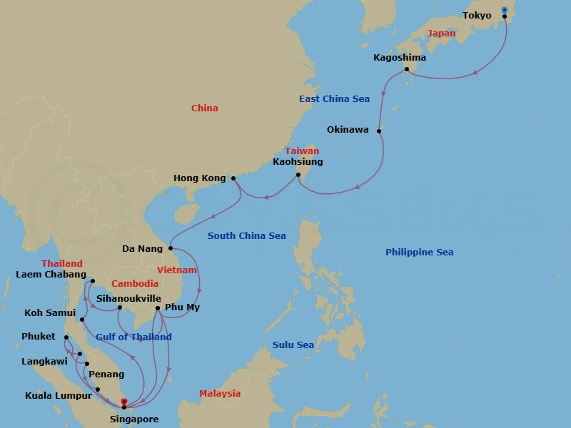 28 Night - Japan & Southeast Asia Grand Adventure - Sapphire Princess - Starting in Tokyo, Japan, Kagoshima, Japan, Okinawa, Japan, Kaohsiung, Taiwan, Hong Kong, Da Nang / Hue (Chan May), Vietnam, Ho Chi Minh City (Phu My), Vietnam, Singapore, Ko Samui, Thailand, Laem Chabang (for Bangkok), Thailand, Sihanoukville, Cambodia, Ho Chi Minh City (Phu My), Vietnam, Langkawi, Malaysia, Phuket, Thailand, Penang, Malaysia, Kuala Lumpur (Port Kelang), Malaysia, Singapore itinerary map