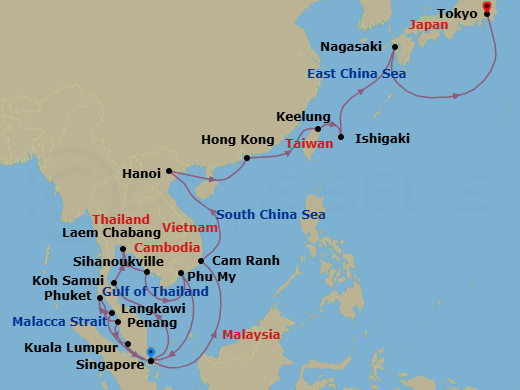 28 Night - Japan & Southeast Asia Grand Adventure - Sapphire Princess - Starting in Singapore, Ko Samui, Thailand, Laem Chabang (for Bangkok), Thailand, Sihanoukville, Cambodia, Ho Chi Minh City (Phu My), Vietnam, Langkawi, Malaysia, Phuket, Thailand, Penang, Malaysia, Kuala Lumpur (Port Kelang), Malaysia, Singapore, Cam Ranh (Nha Trang), Vietnam, Halong Bay / Hanoi (Cai Lan), Vietnam, Scenic Cruising Halong Bay, Hong Kong, Taipei (Keelung), Ishigaki, Japan, Nagasaki, Japan, Tokyo, Japan itinerary map