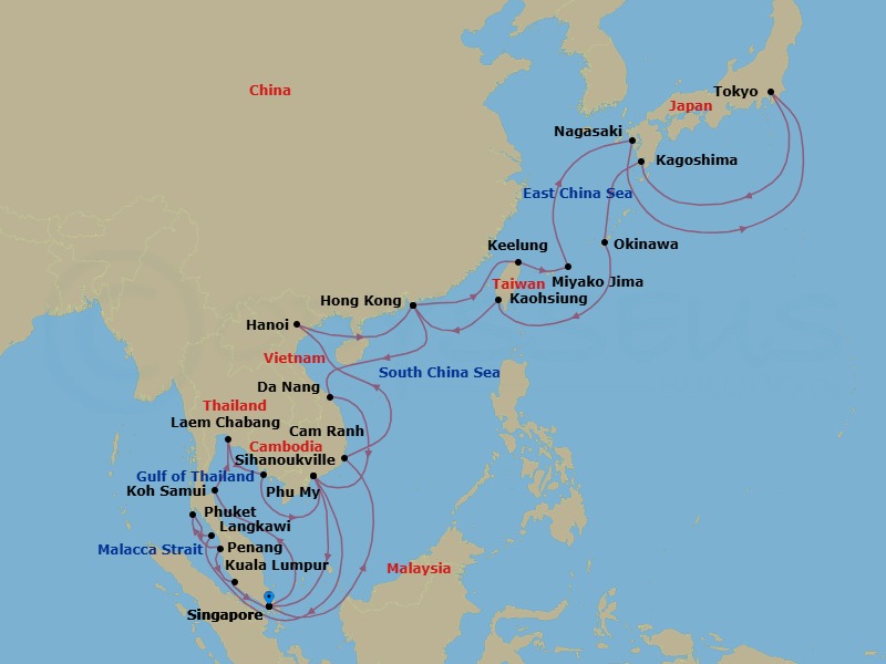 42 Night - Japan & Southeast Asia Grand Adventure - Sapphire Princess - Starting in Singapore, Cam Ranh (Nha Trang), Vietnam, Halong Bay / Hanoi (Cai Lan), Vietnam, Scenic Cruising Halong Bay, Hong Kong, Taipei (Keelung), Miyakojima, Japan, Nagasaki, Japan, Tokyo, Japan, Kagoshima, Japan, Okinawa, Japan, Kaohsiung, Taiwan, Hong Kong, Da Nang / Hue (Chan May), Vietnam, Ho Chi Minh City (Phu My), Vietnam, Singapore, Ko Samui, Thailand, Laem Chabang (for Bangkok), Thailand, Sihanoukville, Cambodia, Ho Chi Minh City (Phu My), Vietnam, Langkawi, Malaysia, Phuket, Thailand, Penang, Malaysia, Kuala Lumpur (Port Kelang), Malaysia, Singapore itinerary map