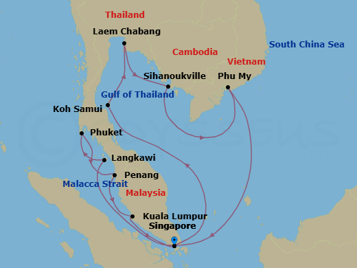 14 Night - Southeast Asia with Malaysia, Thailand & Vietnam - Sapphire Princess - Starting in Singapore, Ko Samui, Thailand, Laem Chabang (for Bangkok), Thailand, Sihanoukville, Cambodia, Ho Chi Minh City (Phu My), Vietnam, Langkawi, Malaysia, Phuket, Thailand, Penang, Malaysia, Kuala Lumpur (Port Kelang), Malaysia, Singapore itinerary map