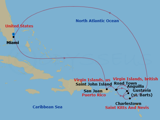 11 Night - Miami to Miami - Silver Ray - Starting in Miami, Fl, San Juan, St John VI, Gustavia, St Barthelemy, Road Town, Tortola, Anguilla, Charlestown, Nevis, Miami, Fl itinerary map