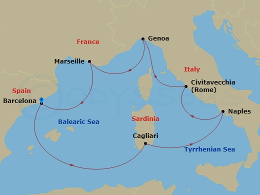 7 Night - Western Mediterranean from Barcelona - Costa Toscana - Starting in Barcelona, Cagliari, Napoli, Civitavecchia (Rome), Genoa (Portofino), Marseille, Barcelona itinerary map