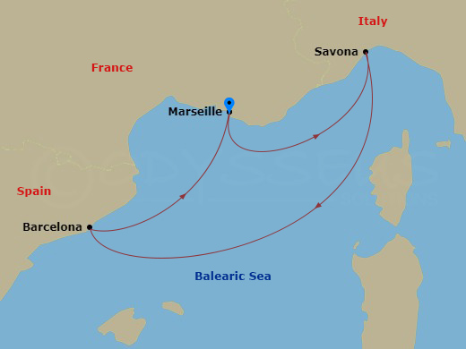 3 Night - Western Mediterranean from Marseille - Costa Fascinosa - Starting in Marseille, Savona, Barcelona, Marseille itinerary map