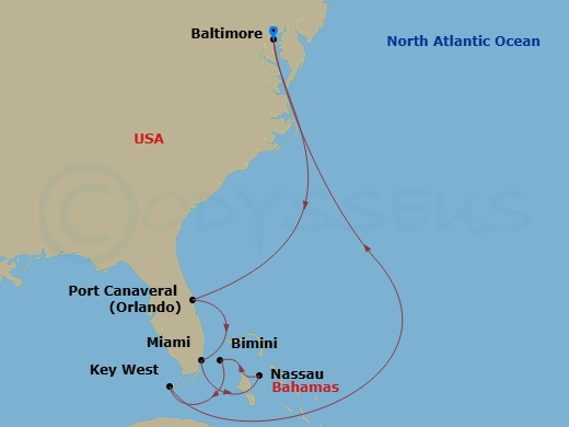 9 Night - Bahamas Getaway Cruise - Vision of the Seas - Starting in Baltimore, Maryland, Orlando (Port Canaveral), Fl, Miami, Florida, Nassau, Bahamas, Bimini, Bahamas, Key West, Florida, Baltimore, Maryland itinerary map