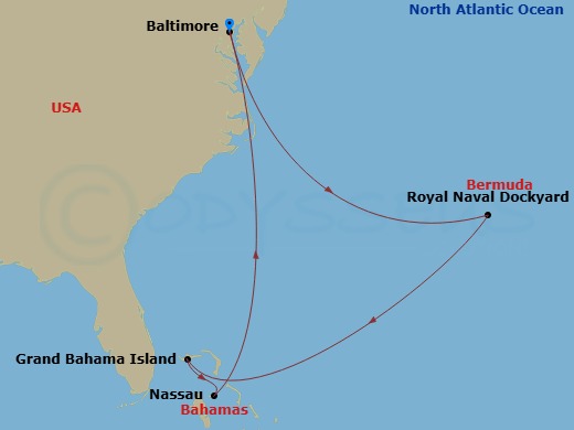 9 Night - Bermuda & Bahamas Cruise - Vision of the Seas - Starting in Baltimore, Maryland, Royal Naval Dockyard, Bermuda, Grand Bahama Island, Bahamas, Nassau, Bahamas, Baltimore, Maryland itinerary map