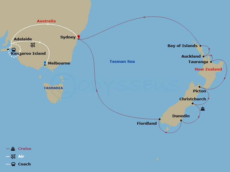 21 Night - Southern Australia - Tour 1A - Royal Princess Tours - Starting in Melbourne, Australia, Adelaide, Australia, Kangaroo Island, Adelaide, Australia, Sydney AU, Bay of Islands, New Zealand, Auckland, New Zealand, Tauranga, New Zealand, Picton, New Zealand, Christchurch (Lyttelton), New Zealand, Dunedin (Port Chalmers), New Zealand, Fiordland National Park (Scenic Cruising), Sydney AU itinerary map