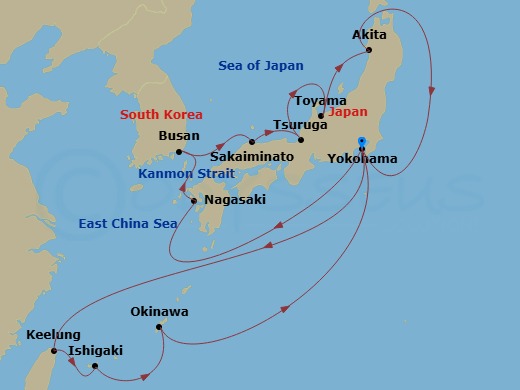 18 Night - Grand Japan with Okinawa & Taiwan - Diamond Princess - Starting in Tokyo (Yokohama), Japan, Taipei (Keelung), Ishigaki, Japan, Okinawa, Japan, Tokyo (Yokohama), Japan, Nagasaki, Japan, Busan, South Korea, Sakaiminato, Japan, Tsuruga, Japan, Toyama (Fushiki), Japan, Akita, Japan, Tokyo (Yokohama), Japan itinerary map
