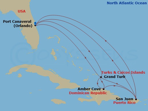 14 Night - Eastern Caribbean Adventurer - Caribbean Princess - Starting in Port Canaveral (Orlando), Florida, Grand Turk, Turks and Caicos, Amber Cove, Dominican Republic, San Juan, Puerto Rico, Port Canaveral (Orlando), Florida, Grand Turk, Turks and Caicos, Amber Cove, Dominican Republic, San Juan, Puerto Rico, Port Canaveral (Orlando), Florida itinerary map