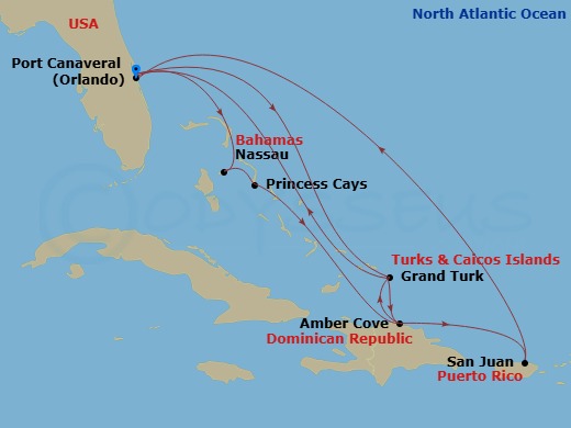 14 Night - Eastern Caribbean Adventurer - Caribbean Princess - Starting in Port Canaveral (Orlando), Florida, Nassau, Bahamas, Princess Cays, Bahamas, Amber Cove, Dominican Republic, Grand Turk, Turks and Caicos, Port Canaveral (Orlando), Florida, Grand Turk, Turks and Caicos, Amber Cove, Dominican Republic, San Juan, Puerto Rico, Port Canaveral (Orlando), Florida itinerary map