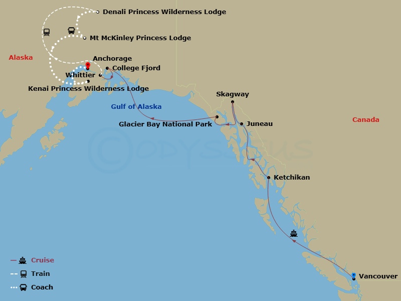 13 Night - Off the Beaten Path - Tour Na6 - Island Princess Tours - Starting in Vancouver, Canada, Ketchikan, Alaska, Juneau, Alaska, Skagway, Alaska, Hubbard Glacier (Scenic Cruising), Alaska, College Fjord (Scenic Cruising), Alaska, Anchorage (Whittier), Alaska, Denali Princess Wilderness Lodge, Mount Mckinley Princess Wilderness Lodge, Kenai Princess Wilderness Lodge, Anchorage itinerary map